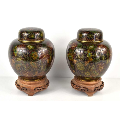 303 - A pair of Chinese cloisonne ginger jars and covers, decorated with flowers on a brown ground, 17cm h... 