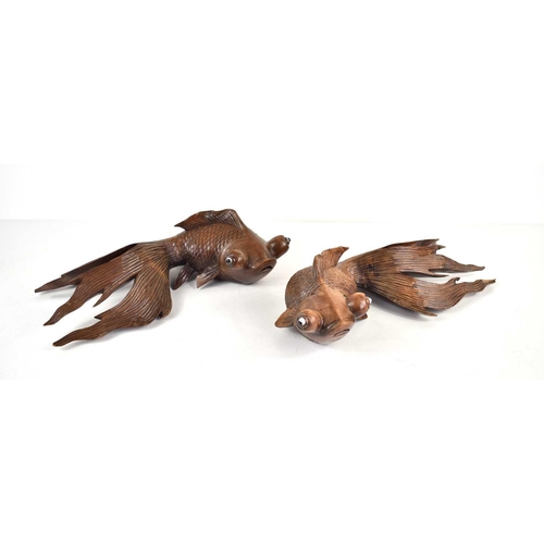 305 - A pair of early 20th century Chinese carved hardwood koi carp, 26cm wide.