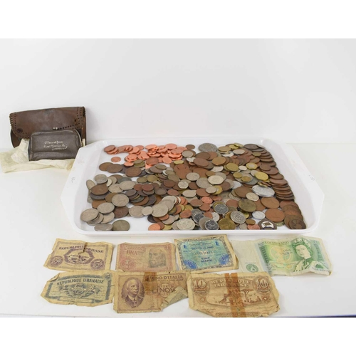 326 - A collection of GB and worldwide coinage, some silver, together with various banknotes and allied no... 