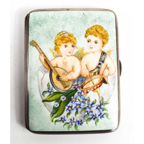 381 - A silver and enamel cigarette case, Chester 1921, the lid enamelled with two cherubs holding musical... 