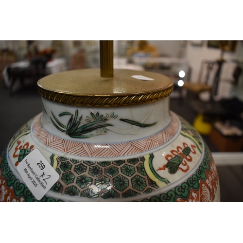 259 - A group of lamp bases, to include a large baluster form Chinese polychrome lamp base, together with ... 
