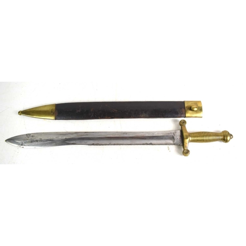 100 - A German 1842/43 pattern Pioneer sword with saw blade edge and brass grip, the grip stamped 1847, th... 