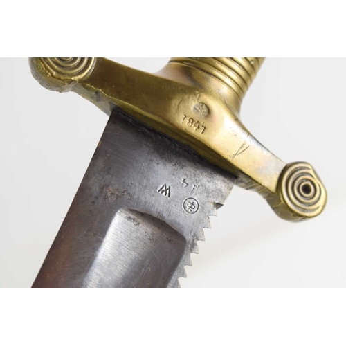 100 - A German 1842/43 pattern Pioneer sword with saw blade edge and brass grip, the grip stamped 1847, th... 