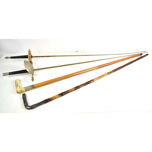113 - A pair of walking canes, one bamboo with silver handle, 94cm, and another walking cane with horn han... 