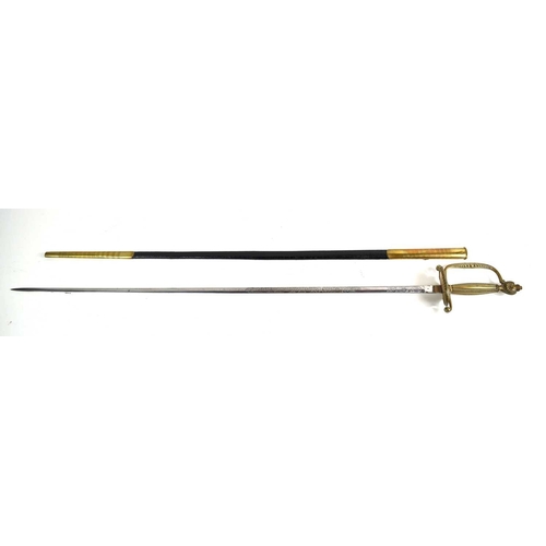 78 - A Victorian court sword, the etched blade measuring 79cm, with brass and leather scabbard.