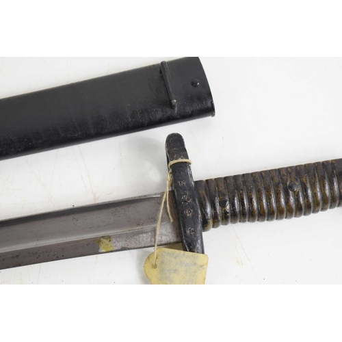 82 - A French model 1866 chassepot bayonet with matching number scabbard, the ricasso bearing German Weye... 