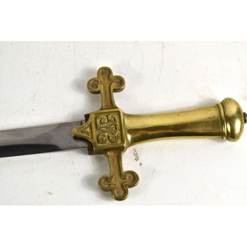 95 - A Victorian drummers sword, the one piece gothic style brass handle with VR cipher to the centre of ... 