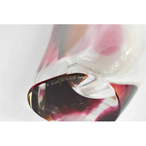 4 - Two Kosta Boda Goran Warff crystal vases, etched inscriptions to the bases, one in pink/green, the o... 