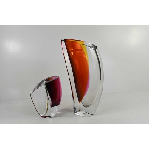 4 - Two Kosta Boda Goran Warff crystal vases, etched inscriptions to the bases, one in pink/green, the o... 