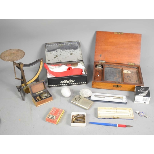 214 - A group of collectables to include a mahogany stationary box, Parker pen, Osmiroid fountain pens, co... 