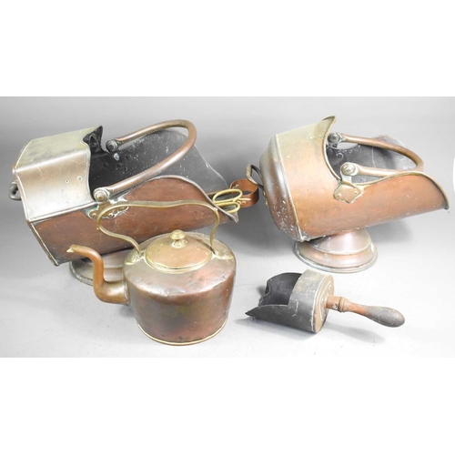 223 - Two Victorian copper coal scuttles together with a copper kettle, coal scoop and tongs.