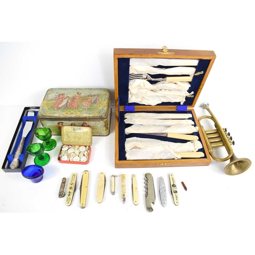 229 - A group of collectables to include a silver handled knife, pocket knives to include 1937 Coronation ... 