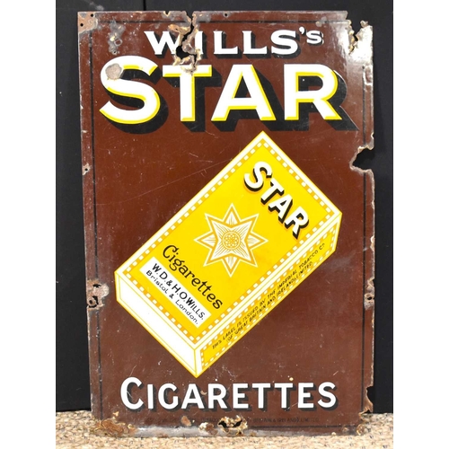 27 - Enamel signs: A vintage Will's Star Cigarettes enamel advertising sign, 91.5cm by 61cm.