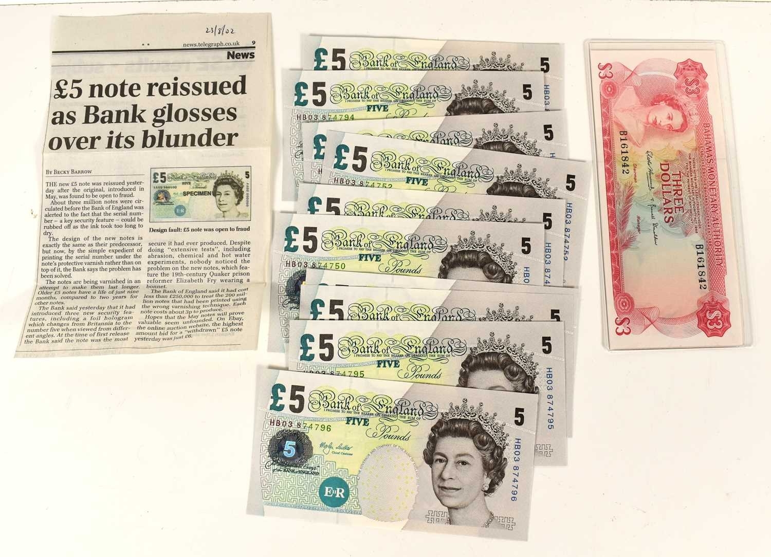 A group of 10 series E uncirculated five pound bank notes, issued 2002 ...