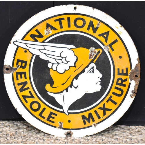 57 - Enamel Signs: A vintage 'National Benzol Mixture' double sided enamel sign, 45.5cm diameter.