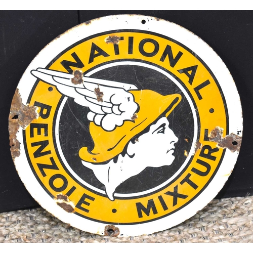 57 - Enamel Signs: A vintage 'National Benzol Mixture' double sided enamel sign, 45.5cm diameter.