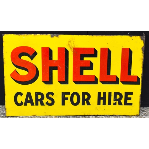 63 - Enamel Signs: A vintage 'Shell, Cars For Hire' double sided enamel advertising sign with hanging fla... 