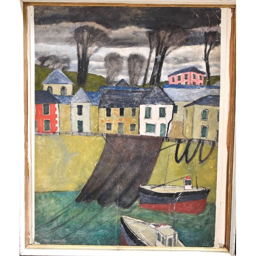 Robin Pearce? (20th Century): houses along the harbour with boats to ...