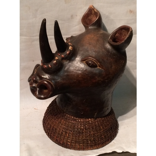 212 - Large Tribal terracotta rhino head Headdress From The Congo