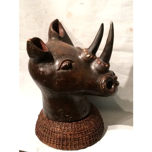 212 - Large Tribal terracotta rhino head Headdress From The Congo