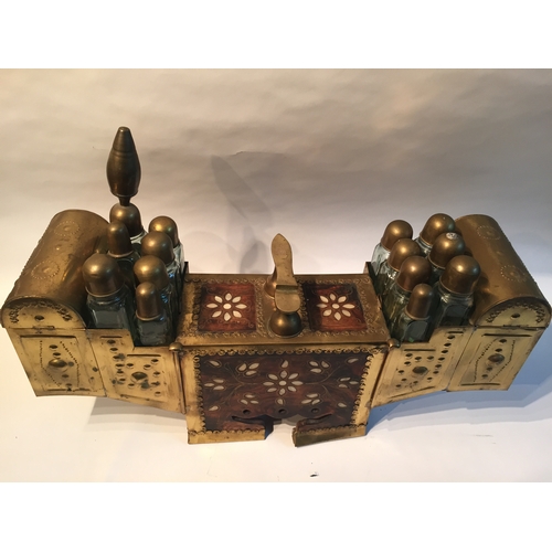 146 - Moroccan/Turkish shoe shine box in brass & wood With mother of pearl inlay and a selection of bottle... 