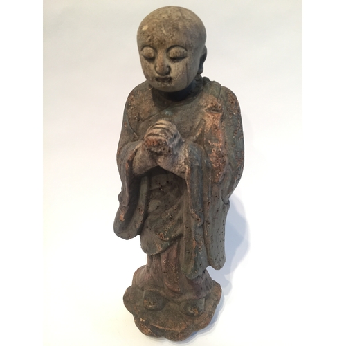 165 - Polychrome Praying Buddhist. Measures 30cm high