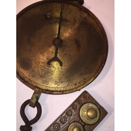 172 - Vintage Salter scales to weigh 200lbs along with a small selection of vintage weights