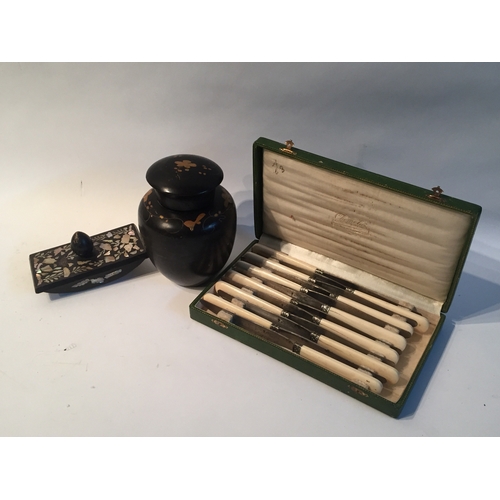 109 - A mother of pearl inlaid ink blotter along with a Chinese lacquered ginger jar and chemelat knife se... 