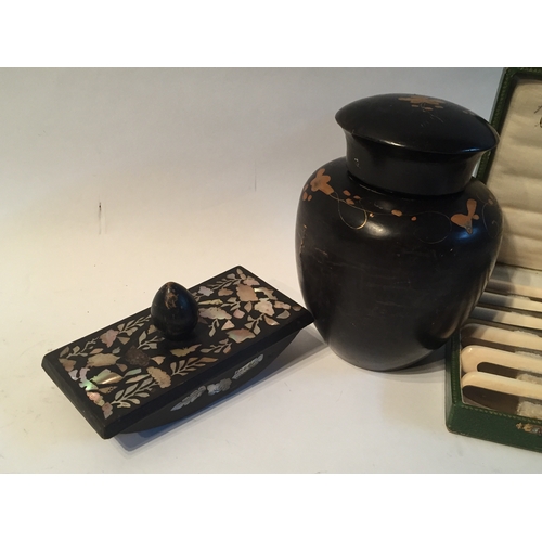 109 - A mother of pearl inlaid ink blotter along with a Chinese lacquered ginger jar and chemelat knife se... 