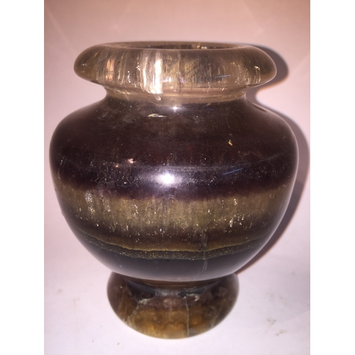 105 - Blue John vase, with ovoid body and circular foot 11 3/4 cms High