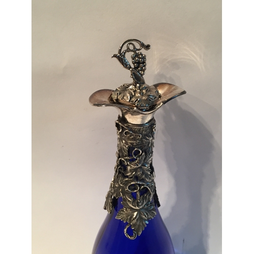 291 - Blue And Siler Plated Decanter measures 33cms high