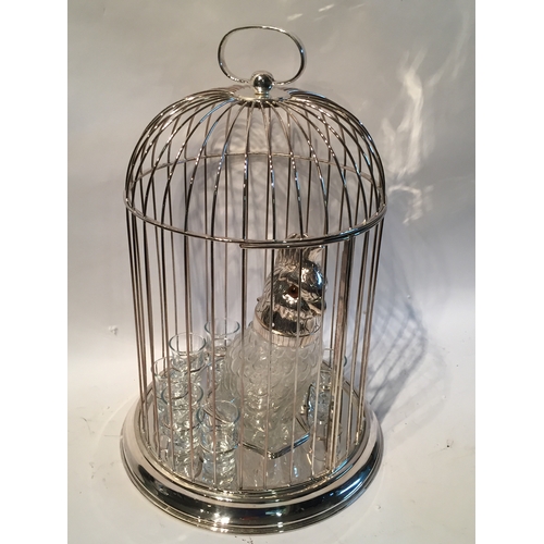 292 - Very Nice Large Silver Plated  Drinks Decanter in the form of a bird cage with bird decanter and gla... 