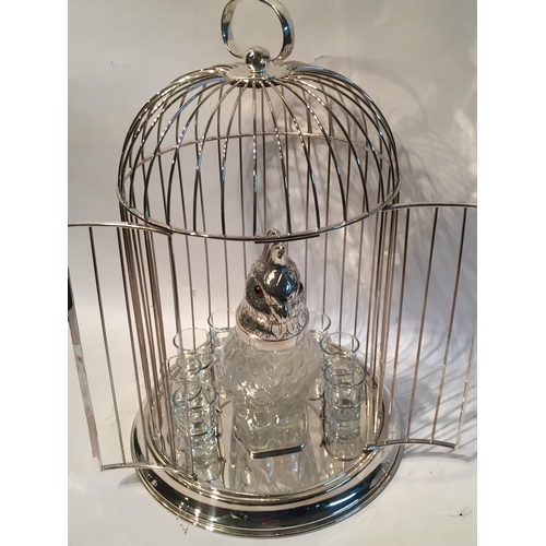 292 - Very Nice Large Silver Plated  Drinks Decanter in the form of a bird cage with bird decanter and gla... 