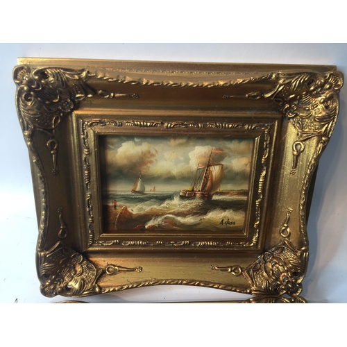 95 - 2 Gilt Framed Oil On Board Singed Boating  Scenes