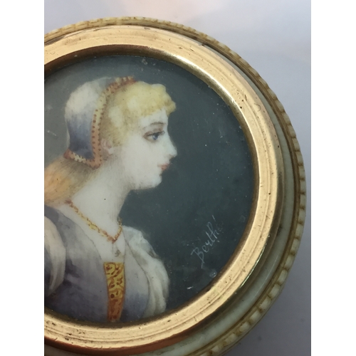 98 - 19th C Ivory Snuff Box With Painted lid measures 4x3cms