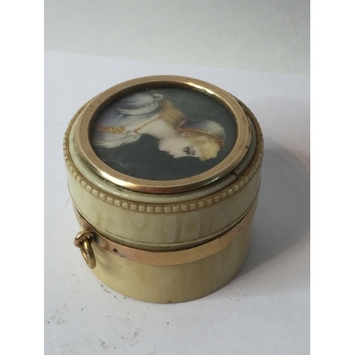 98 - 19th C Ivory Snuff Box With Painted lid measures 4x3cms