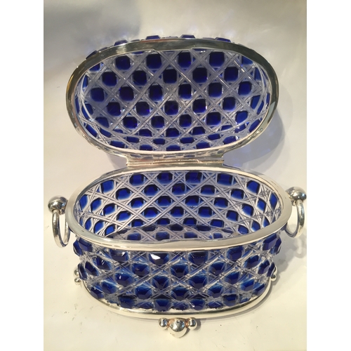 340 - Good Quality Blue Cut Glass Casket  Lidded Jar