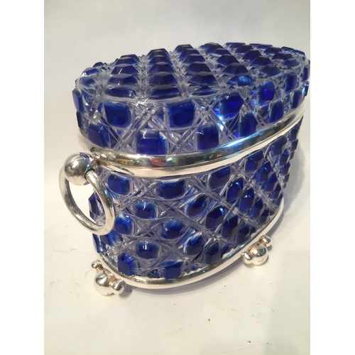 340 - Good Quality Blue Cut Glass Casket  Lidded Jar