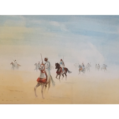 75 - Framed Watercolour of an Arabian Militaia on  horseback  desert scene