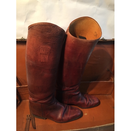 223 - Leather Suitcase Along With A Pair Of Vintage Riding Boots