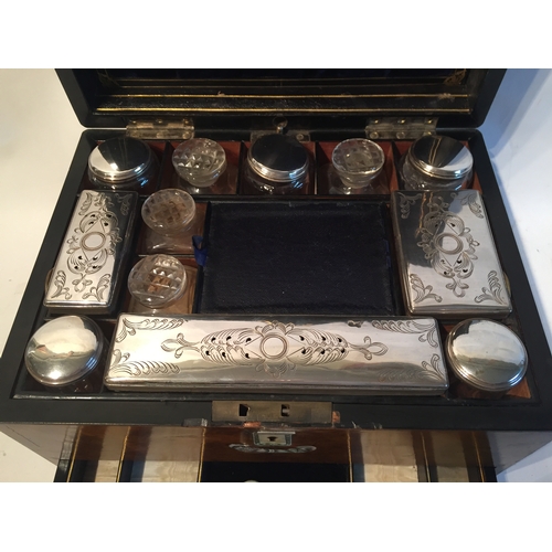 178 - Inlaid Dressing Box With Silver-plate Bottles And A Secret Drawer Etc