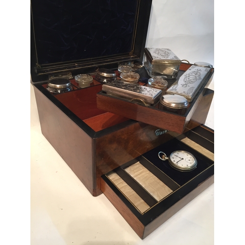 178 - Inlaid Dressing Box With Silver-plate Bottles And A Secret Drawer Etc