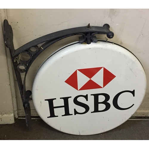 199 - HSBC Double Sided Metal Bank Sign On A Heavy Iron Frame  Measures 85cm x 70cm