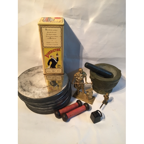 239 - Box Of Various Vintage Items To Include A Pestle And Mortar Film Cell Tins Brassware Etc .