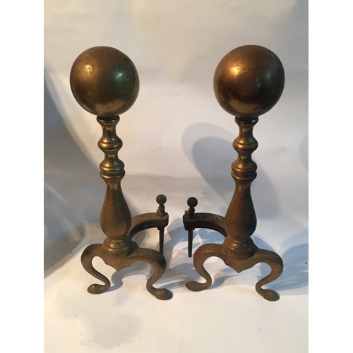 42 - Pair Of Brass And Iron Victorian Andirons Fire Dogs With Ball Finial. 46cms High