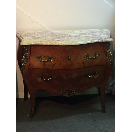 44 - French Louis XV Style Marquetry Inlaid Marble-Top Bombe Commode With Ormolu Mounts 83 x 87 x 49 cms