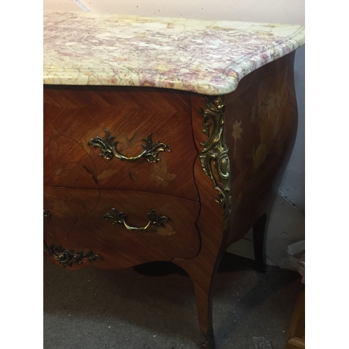 44 - French Louis XV Style Marquetry Inlaid Marble-Top Bombe Commode With Ormolu Mounts 83 x 87 x 49 cms