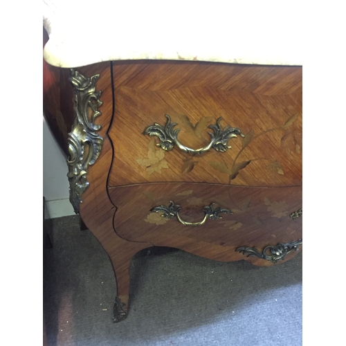 44 - French Louis XV Style Marquetry Inlaid Marble-Top Bombe Commode With Ormolu Mounts 83 x 87 x 49 cms