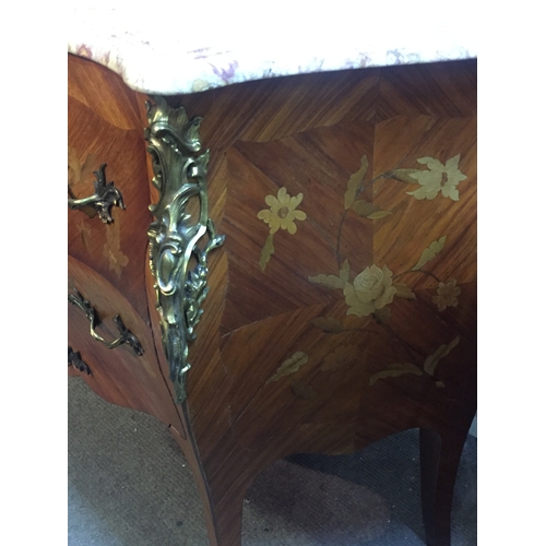 44 - French Louis XV Style Marquetry Inlaid Marble-Top Bombe Commode With Ormolu Mounts 83 x 87 x 49 cms