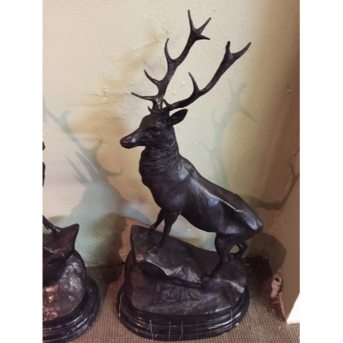 159 - Pair Of Signed Bronze Stags On Marble Bases Standing  Just Under 75 Cms.